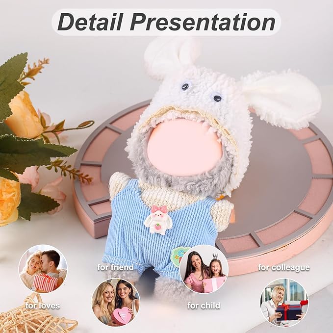 17cm Doll Clothes Set (No Doll) – Outfit with Hat & Overalls, Handmade Accessories for Mini Dolls, OB11-Compatible Dress-Up Gift (White Rabbit)