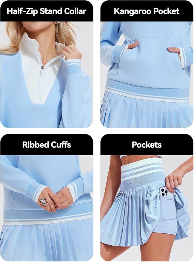 Airfree Women Two Piece Tennis Skirt Set Golf Outfits Half Zip Oversize Pullover Sweatshirt 2 Piece Skirt Sets with Pockets