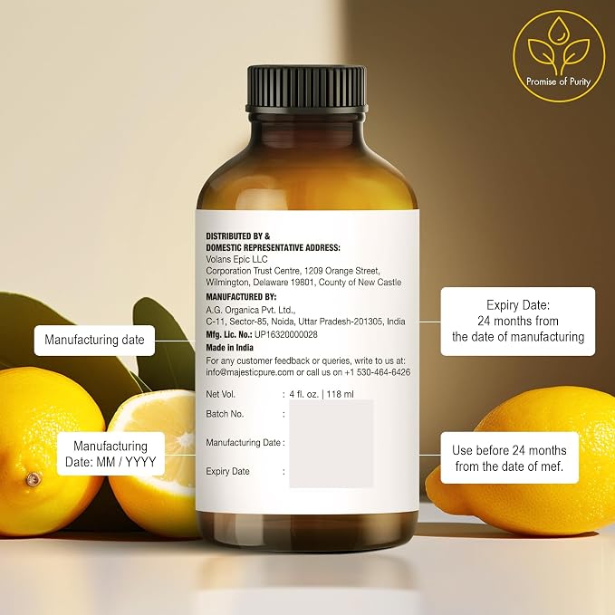 Majestic Pure Essential Oil with Glass Dropper - 100% Pure and Natural - Essential Oils for Diffuser, Aromatherapy, Soap and Candle Making, Lemon Essential Oil, Lemon Oil, 4 Fl Oz