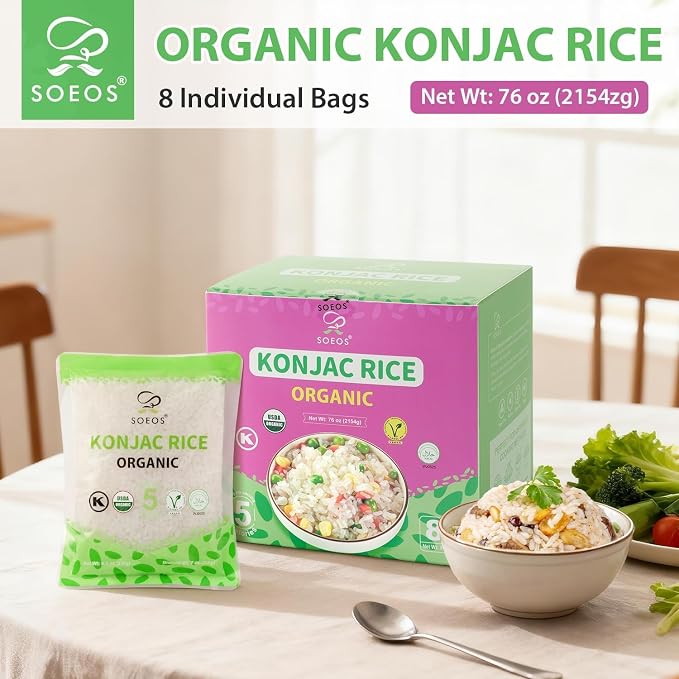 Soeos Organic Konjac Rice, 8 Packs, 9.5 oz Each Bag, Low Carb, Low Calorie Shirataki Rice, Gluten Free, Sugar Free, Vegan Friendly, Easy to Prepare, Perfect for Asian & Everyday Cooking, Total 76 Ounce
