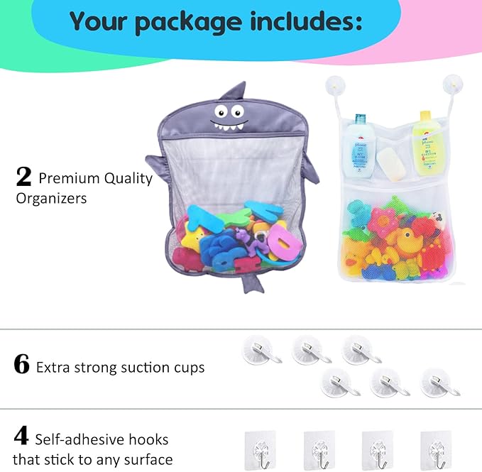 2 x Mesh Bath Toy Organizer + 6 Ultra Strong Hooks – The Perfect Bathtub Toy Holder & Bathroom or Shower Caddy – These Multi-use Net Bags Make Baby Bath Toy Storage Easy – For Kids & Toddlers