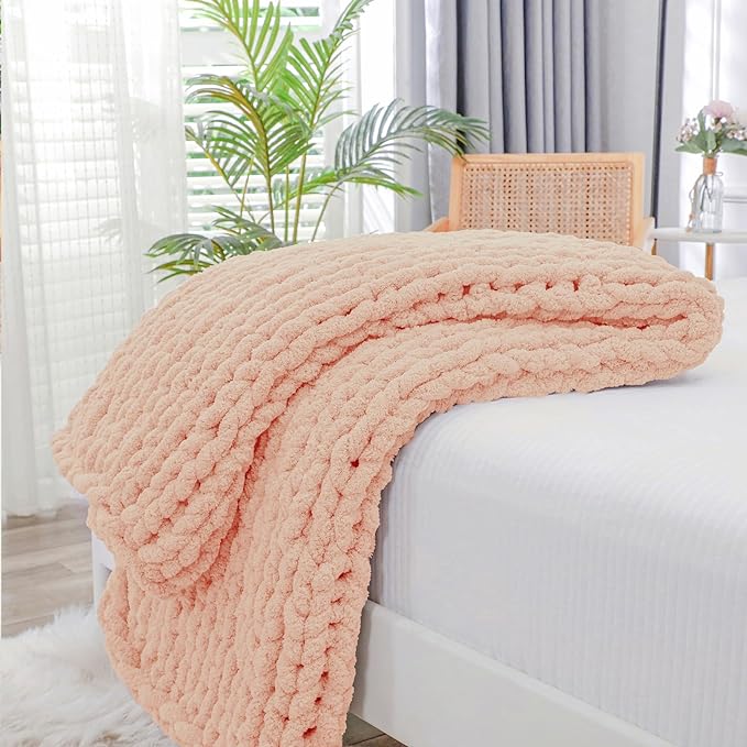 Bigacogo Chunky Knit Throw Blanket for Couch, 40x40 inches, Peach Fuzz | Hand Knit with Jumbo Chenille, Soft Breathable Cable Knit for Sofa Bed Living Room, Machine Washable, Gift for Mom Friend