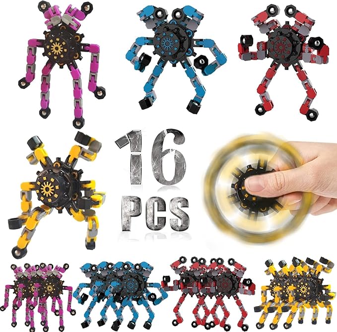 16 Packs Funny Sensory Fidget Toys,Deformable Chain DIY Robot Spinners Fingertip Stress Relief Gyro Toy Birthday Gifts Goodie Bag Easter Basket Stuffers Classroom Prizes Party Favors for Kids Adults