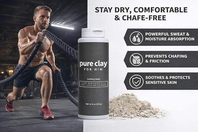 Pure for Him Mens Talc-Free Body Powder, Food Grade Bentonite Clay, Anti Chafing, Foot Powder, Dry Fresh Skin Comfort for Thighs Groin Underarms, Unscented 8 oz Calcium Bentonite Men Deodorant