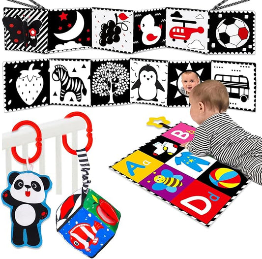 4 PCS Black and White High Contrast Baby Toys 0-3-6 Months Newborn Essential Toy for Babies Crinkle Sensory Book Brain Development Tummy Time Mirror Infant Carseat Rattle Christmas Stocking Stuffer