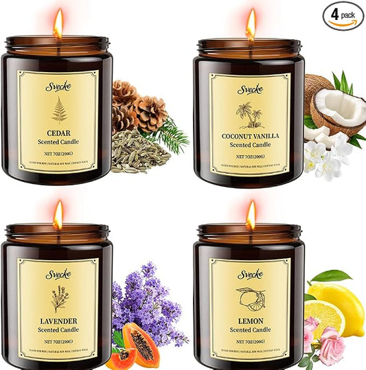 4 Pack 28oz Scented Candles, Soy Wax Jar Candles, Coconut Vanilla, Cedar, Lemon, Lavender, Scented Candles for Home, Fall Candles for Women, Men, Candle Gift Set