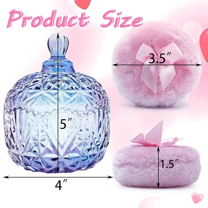 4" Glass Dusting Powder Container with 2 Fluffy Puffs,Cute 3.5" Soft Body Powder Puff and Jar Set(Crown-colorful purple)