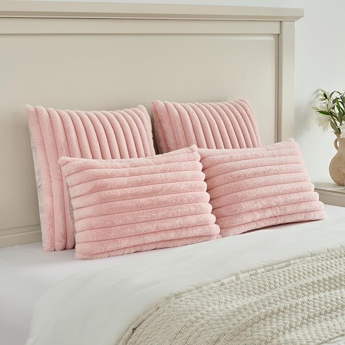 FUTEI Pack of 2 Faux Fur Throw Pillow Covers 28x28 Inch, Pink | Fluffy Faux Rabbit Fur Front/Premium Velvet Back,Hidden Zipper,Machine Washable,Non-Shedding,Colorfast,Insert Not Included.