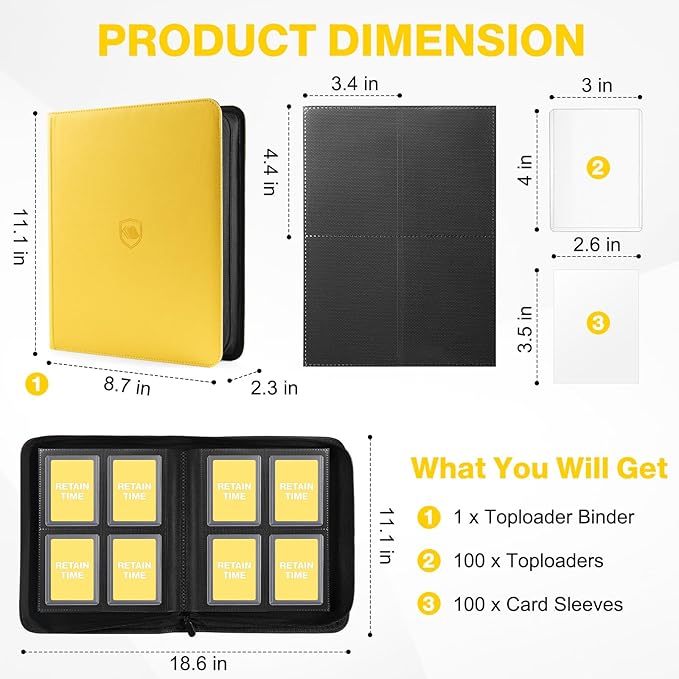 Toploader Binder, Holds 160 Toploaders, 100 Toploaders INCLUDED, 4-Pocket PU Cover Top Loader Binder for 3" x 4" Rigid Toploader, Ringless Double-Sided Toploader Card Binder for TCG, Sport Cards