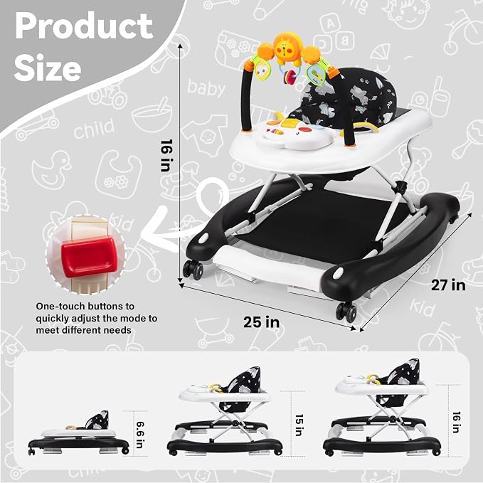 Baby Walker, 5 in 1 Baby Walkers for Boys Girls 6-12 Months, Foldable Walkers for Babies with Bouncer & Feeding Tray, Music, Adjustable Heights, Activity Walker for Infant