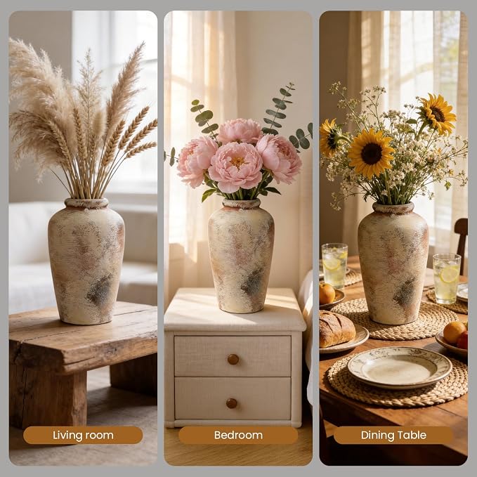 Ceramic Flower Vase, 10.6" Tall Rustic Farmhouse Vase, Decorative Pottery Vase with Glazed Interior for Fresh Flowers, Olive Branches, Mantel, Entryway and Dining Room Decor