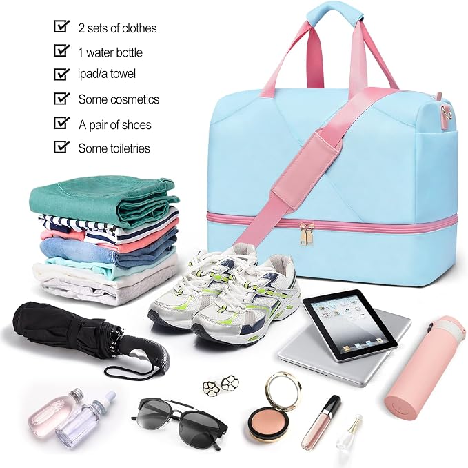 Sports Gym Bag for Women, Travel Duffle Bag with Shoe Compartment & Wet Pocket, Fitness Yoga Bag