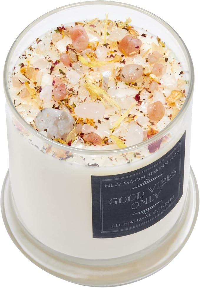 Good Vibes Only Candle by New Moon Beginnings - Negative Energy Cleansing - Soy Aromatherapy Candle - Handmade with Crystals & Herbs (12oz Round Glass Jar)