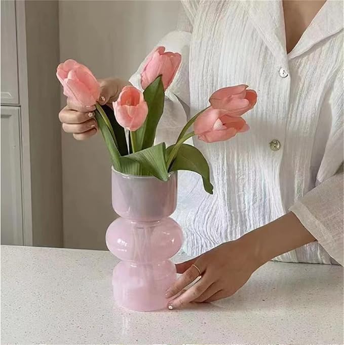 JSPYFITS Glass Hydroponic Flower Vase, 7 Inches Colored Glassbubble Vases for Flowers, Three-Layer Glass Funky Vase for Home/Office/Weddings/Party Table Flower Decor (Pink)