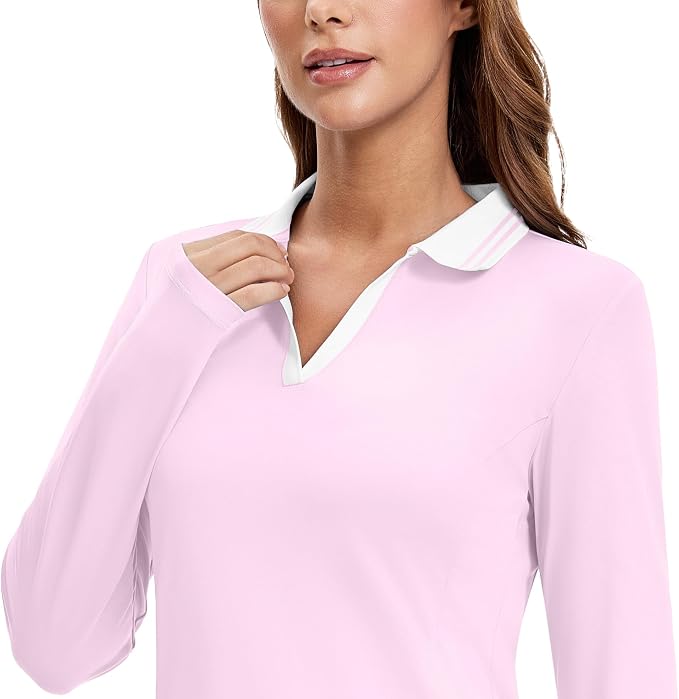 MathCat Womens Golf Shirts, Long Sleeve Polo Shirts Collared V Neck Tennis Shirts Breathable Athletic Tops