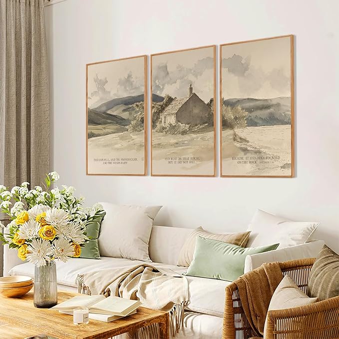 FWIEXA Nature Christian Bible Verse Framed Canvas Wall Art Set, Floods Mountain Houses Jesus Wall Decor, Vintage Easter Artwork, Inspirational Quotes Art Prints for Prayer, Bedroom - Size 24"x36"x3