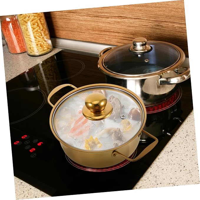 1 PCS Korean Ramen Pot, Stainless Steel Induction Cooking Pot with Glass Lid, Golden Soup Noodle Pan with Dual Handles, Metal Small Saucepan for Boiling Ramyun, Broth for Home Kitchen