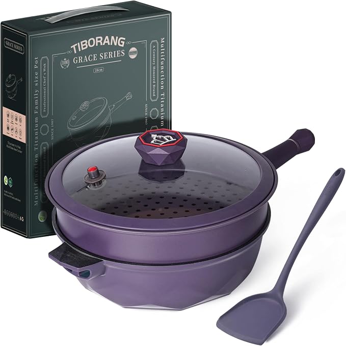 TIBORANG 11 Inch Nonstick Frying Pan with Lid,8-in-1 Multipurpose Cookware | 5 Qt Deep Sauté Pan Skillet with Steamer, PFOA-Free, Dishwasher & Oven Safe, Induction Compatible, Stay-Cool Handle,Purple