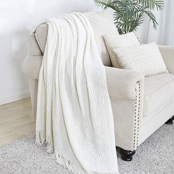 BOURINA Off White Throw Blanket 60x80Inch Boho Knit Soft Throw Sofa Blanket | Knitted Throw Blanket 60x80 Inches, Soft Lightweight Boho Weave Throw Decorative Couch Blanket for Living Room Bedroom Chair