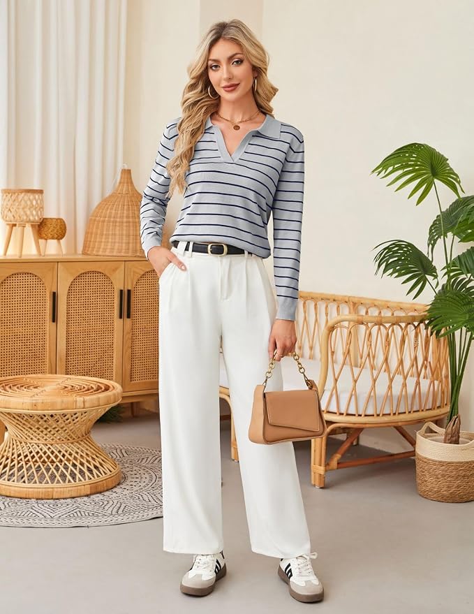 Women's Long Sleeve Classic V Neck Casual Fall Winter Polo Sweater Tops | Basic Collared Knitted Fashion Work Business Formal Daily Wear Versatile Pullover Shirts