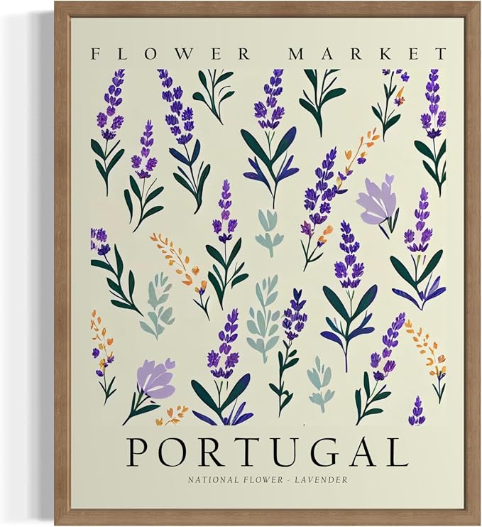 Portugal Flower Market Art Print Poster, Wall Art Floral Painting Botanical Decor for Bedroom, Kitchen, Bathroom Livingroom Decoration 82B (Portugal, 14"L x 11"W, Wood Frame)