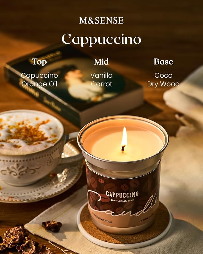 M&SENSE Cappuccino Coffee Scented Candles, Soy Wax 7oz | 42 Hours Long Lasting, Clean Burn, Aromatherapy, Home Decor