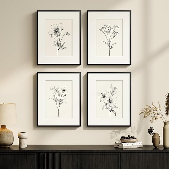 Framed Black and White Botanical Wall Art for Bathroom, 4 Piece 8x10 In | Minimalist floral wall decor, Vintage boho flower pictures, Plexiglass with mat prints, Bedroom office hallway room decor