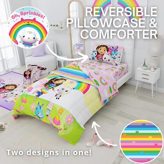 DreamWorks Gabby's Dollhouse Cakey, Mercat and Pandy Kids Bedding Super Soft Comforter and Sheet Set, 4 Piece Twin Size, (Official Licensed Product) by Franco
