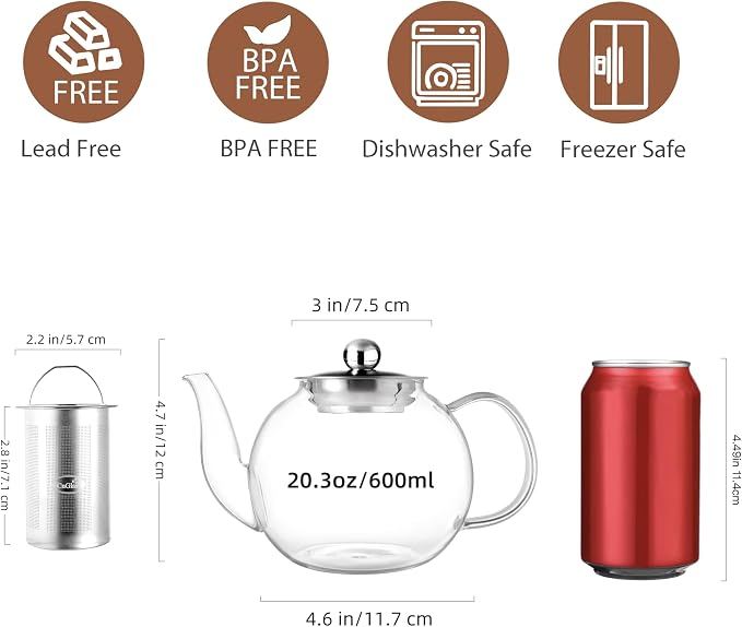 CNGLASS 600ml Glass Teapot with Removable Infuser,Clear Tea Kettle Stovetop Safe,Blooming and Loose Leaf Tea Maker
