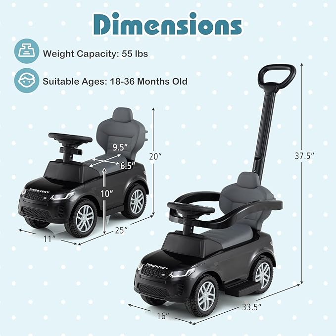 Costzon Push Car for Toddlers, 3 in 1 Land Rover Discovery Stroller Sliding Walking Car with Handle, Horn Sound, Underneath Storage, Armrest Guardrail, Foot-to-Floor Ride On Toy for Boys Girls (Black)