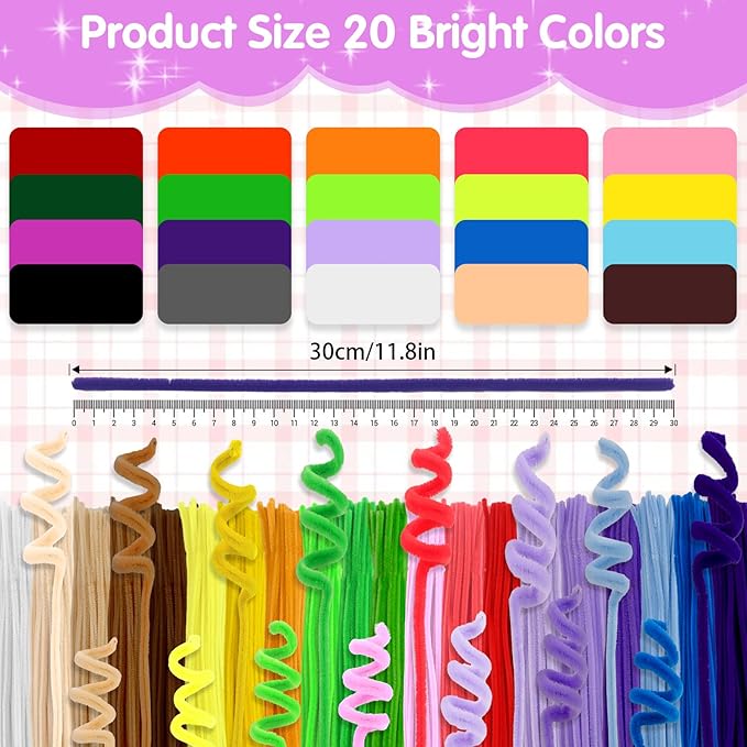 1000 Pcs Halloween Pipe Cleaners Craft-20 Assorted Colors Pipe Cleaners Bulk, Chenille Stems Art Supplies for Projects Creative DIY Room Decor, Art&Craft Christmas DIY Projects