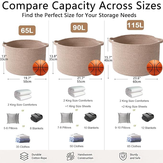 115L Large Blanket Basket,Woven Rope Laundry Basket-Brown | Collapsible, reinforced handles, nursery storage bin organizes clothes, toys and pillows for living room, bedroom bathroom.