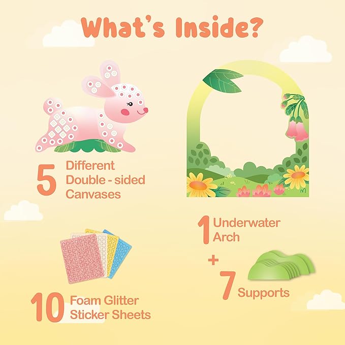 BINCA Foam Sticker Mosaic Art Activity, 750+ 3D Glitter Foam Stickers, 5 Garden Animals with Display Arch, DIY Mess-Free Activities, Felt Craft Kits & Gifts for Boys & Girls Ages 5,6,7,8