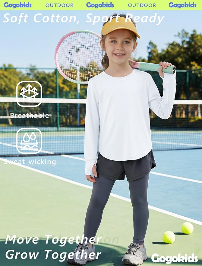Gogokids Girls Shirts Long Sleeve Athletic Shirts Open Back Tops Active Sports Tshirts Yoga Workout Crop Tees 5-14 Years
