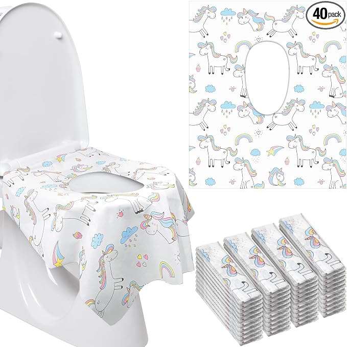 Mimorou 40 Pack Disposable Toilet Seat Covers for Kid Toddler Adults Extra Large Individually Wrapped Portable Paper Potty Seat Cover Potty Training Liners for Travel(Unicorn Style)