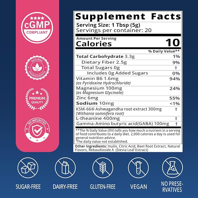 Calm Magnesium Powder, Calm Drink Mix with Magnesium Glycinate, Ashwagandha, Prebiotics, GABA, Vitamin D, L-Theanine, Sugar-Free Calm Support for Sleep, Stress & Relaxation | 20 Servings