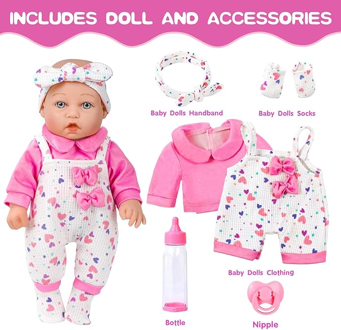 12" Baby Doll with Pink Bowknot Clothing Set,12 Inch Realistic Baby Dolls with Clothes and Accessories,Pacifier Bottle Toy Pretend Play Collection for 3+ Child Girls Gifts