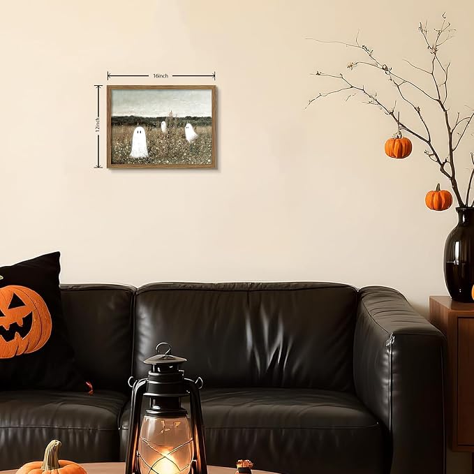 Framed Vintage Halloween Wall Art, Cute Ghost Meadow Painting, Rustic Landscape Canvas Halloween Wall Decor, Aesthetic Spooky Ghost Wall Art for Living Room Bedroom Bathroom 12x16 inch