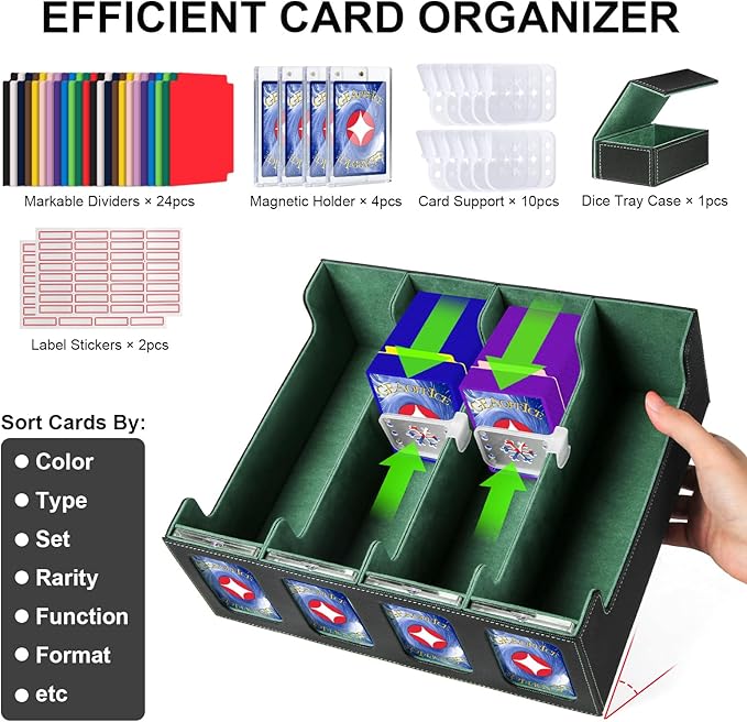GEAoffice Trading Card Storage Box with Commander Display, 3200+ Card Deck Case with Magnetic Removable Lid, 4-Row Deck Box for MTG/TCG/Sports/Games, 10 Stoppers, 24 Dividers, 1 Dice Tray, Black Green