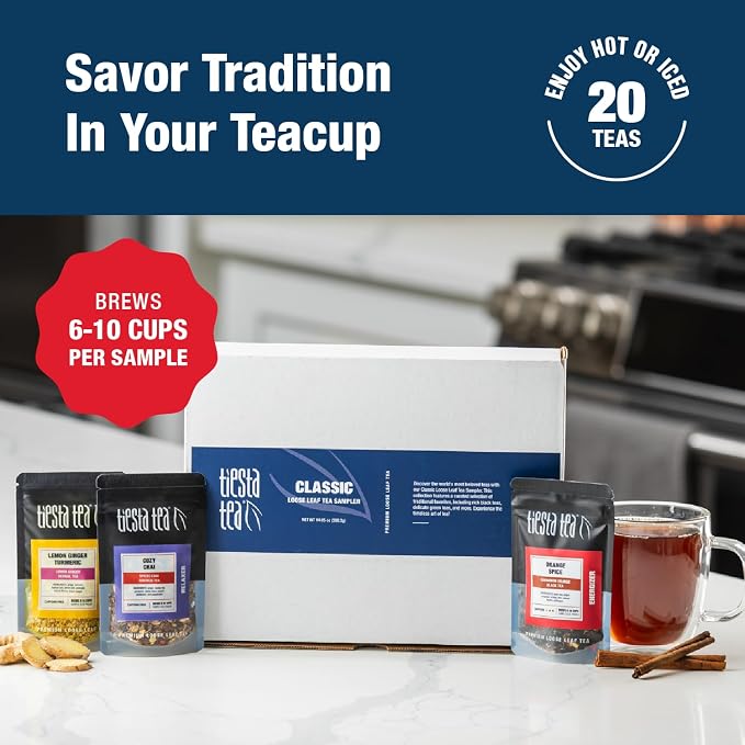 Tiesta Tea - Classic Teas Sampler Dry Flight Set, Loose Leaf, High to No Caffeine, Makes Hot & Iced, Assorted Tea Sets with Herbal, Black, Green, and Fruit Blends, 20 Resealable Sample Pouches