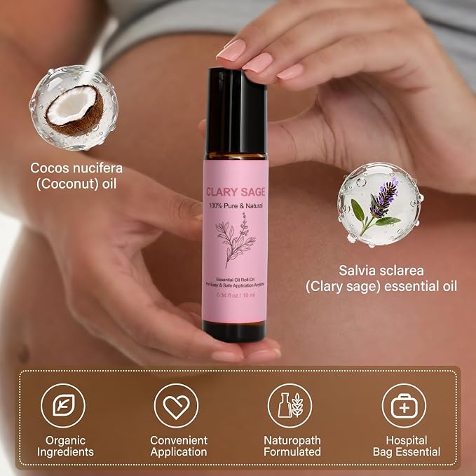 Clary Sage Oil Roller for Labor - Natural Labor and Delivery Essentials,Hospital Bag Must Haves for Pregnant Women&New Mom