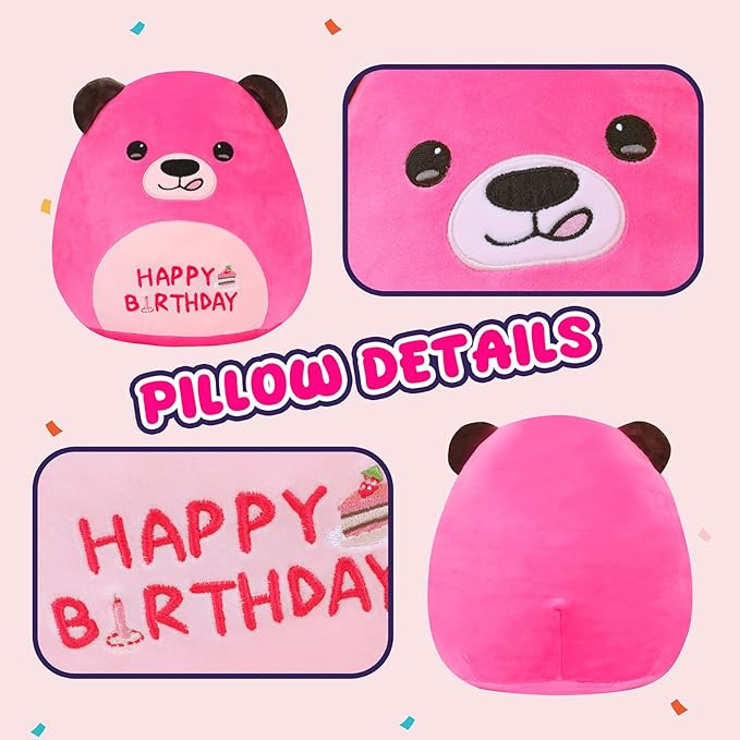 12” Birthday Bear Plush Pillow Hot Pink Happy Birthday Pillow Soft Cute Bear Plush Toy Stuffed Animal Gifts for Kids