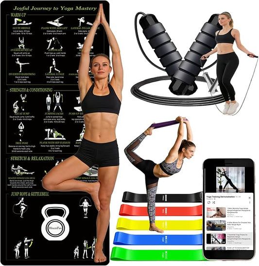 Lightweight and Portable Yoga Mat - Non-Slip Exercise Mat with Printed Yoga Poses for Pilates, Workout & Stretching - Includes Resistance Bands and Weighted Jump Rope - Home & Gym Use