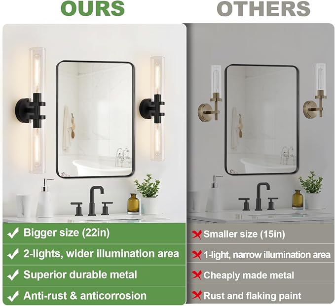 Wall Sconces Set of Two, Hardwired Matte Black Bathroom Sconces Wall Lighting with Clear Glass, Modern Sconces Wall Decor Set of 2 Bathroom Light Fixtures for Mirror Hallway (Bulbs Not Included)