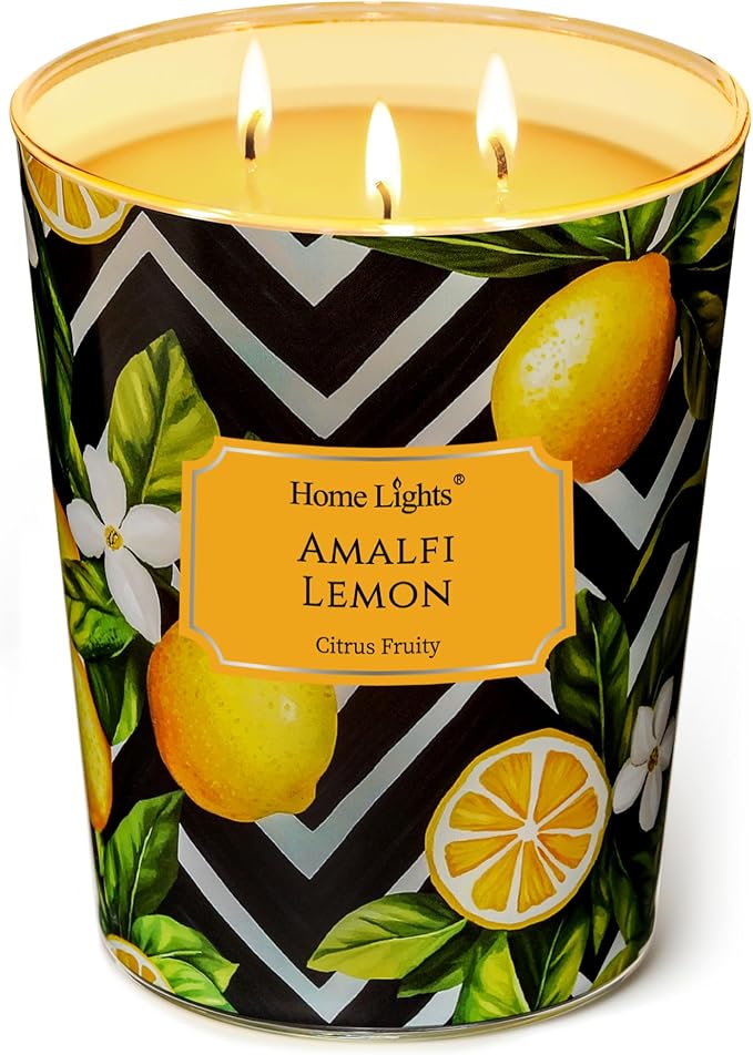 HomeLights Large jar Candle | 3-Wick Long-Lasting Scented Candles, 34oz Natural Soy Wax Candle for Home Scented, Eclectic Mixed Styles Gifts for Women & Men, Amalfi Lemon