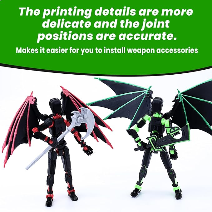 (Assembly Completed) T13 Action Figure Set,Dummy 13,Articulated Robot with Demon Wings, Titan 13 Robot,Mision 13,t13 Action Figure Accessories(Green Black)