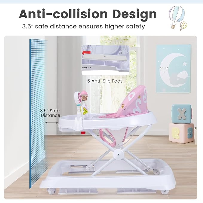BABY JOY Baby Walker, Foldable Activity Walker with Adjustable Height, Large Tray & Removable Toys, Baby Walker with Wheels for Boys Girls 6-18 Months (Pink, Swan Pattern)