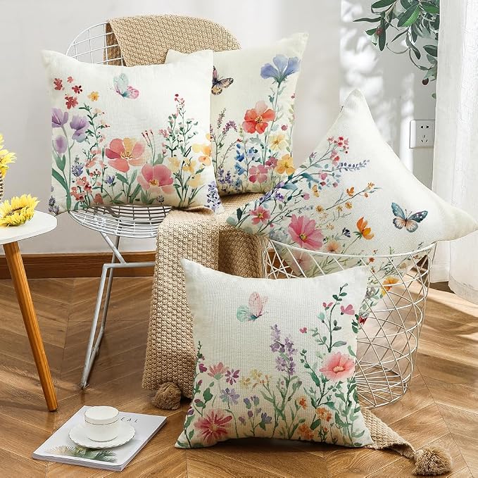 wyooxoo Spring Pillow Covers 20x20 Set of 4 Summer Farmhouse Throw Pillow Covers Floral Butterfly Decorative Cushion Cases for Sofa Couch Patio Bedroom