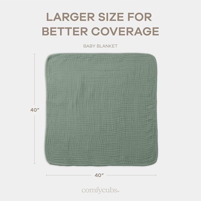 Comfy Cubs Muslin Baby Blanket 40" x 40" L - Swaddle Blankets Fern | Soft, Lightweight, 6-Layer Cotton Breathable Baby Blankets - Comfortable, Gentle & Versatile Cotton Baby Blankets for Sleep