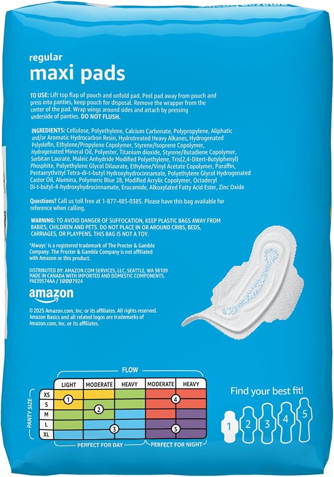 Amazon Basics Thick Maxi Pads with Wings for Periods, Regular Absorbency, Feminine Pads, Unscented, Size 1, 36 Count
